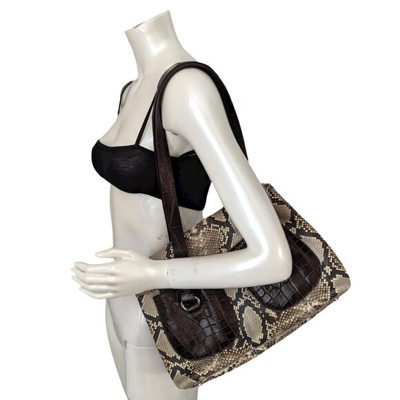 Colombo Via Della Spiga Leather Snakeskin Shoulder Bag Croc Embossed Italy Brown - Picture 14 of 15